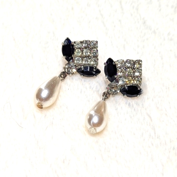 Vintage Black & Clear Rhinestone Faux Pearl Drop Pierced Earrings - Picture 3 of 7